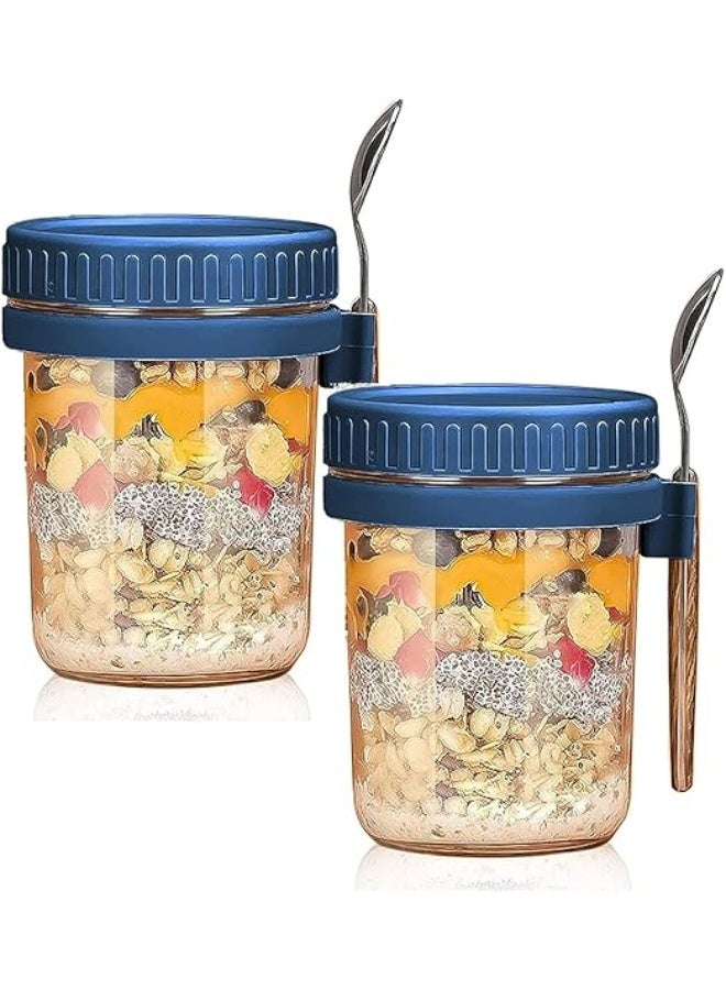 MunKan 2-Pack Glass Storage Jars with Airtight Lids & Spoon | Overnight Oats Jars,Container with Measurement Marks, Wide Mouth Portable Jars Breakfast Container for Salads, Yogurt, Cereal Milk, Oatmeal,& More 300ml (  Dark Blue ) - Image 1
